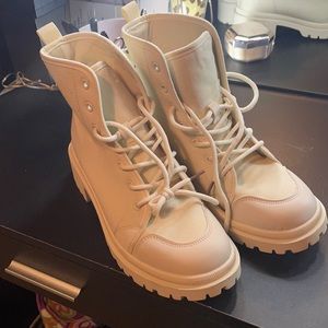 Lace Up Lug Sole Cream Ankle Booties